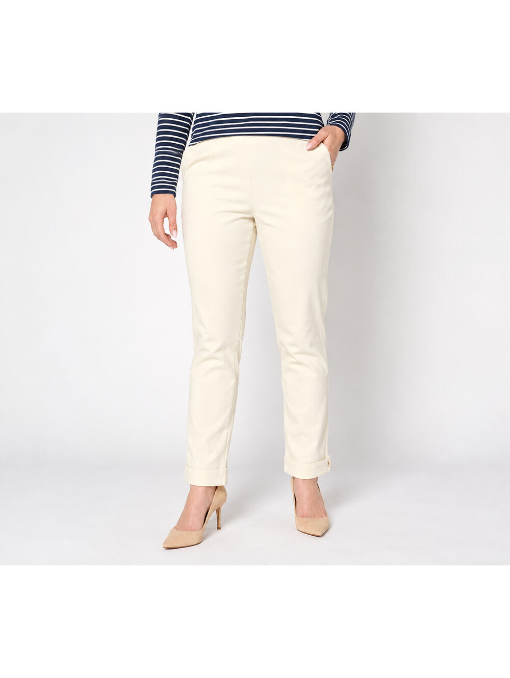 Isaac Mizrahi Live! 24/7 Stretch Full Length Straight Leg Pants Cream, Regular 8